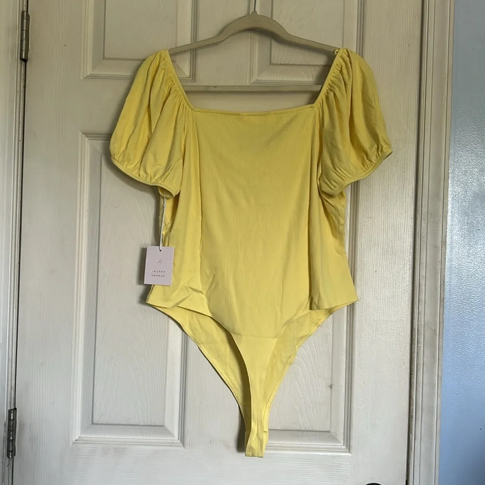 NWT LC Lauren Conrad finch yellow puff sleeve tie front bodysuit size XL - Picture 4 of 7